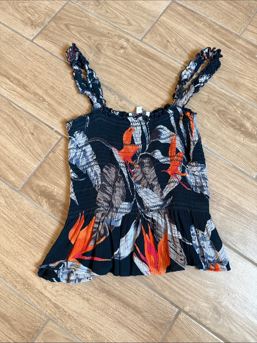 Patrons of Peace Black Floral-Print Smocked Camisole with Orange Accents